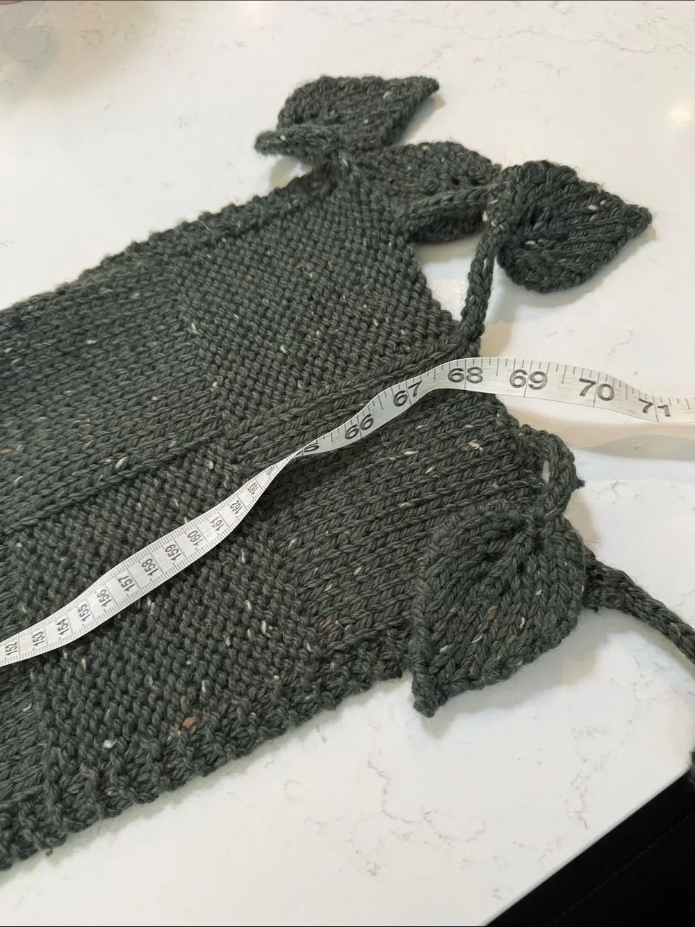 Handmade Dark Olive Knit Scarf with Leaf Tassels